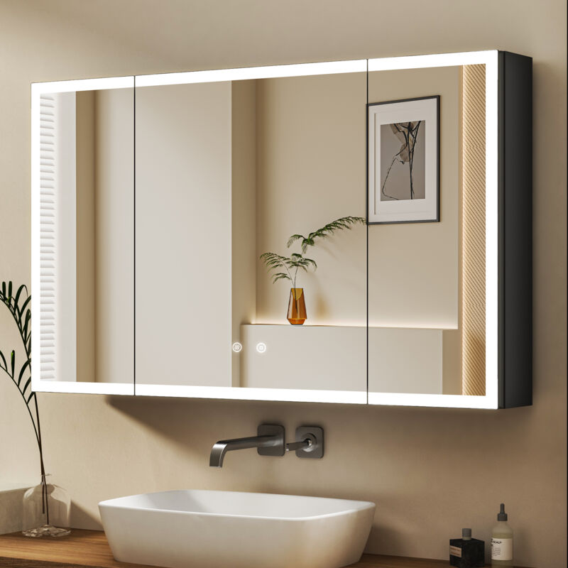 3 Türen Spiegelschrank Bad mit Beleuchtung 90 x 60 cm LED Spiegelschrank Schwarz mit Beleuchtung Badezimmerschrank Medizinschrank mit 3 Lichtfarben