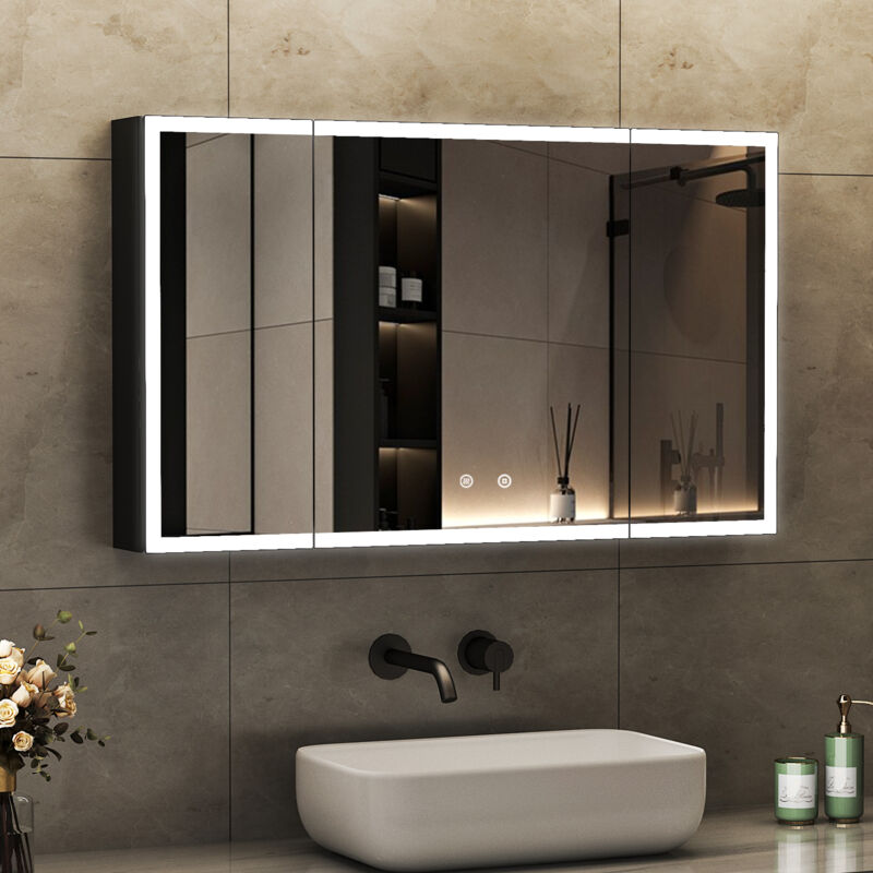 3 Türen Spiegelschrank mit Beleuchtung 90 x 60 cm, Bad-Hängeschränke LED Spiegelschrank Bad mit Beleuchtung, Touch-Schalter, 3 Einstellbare