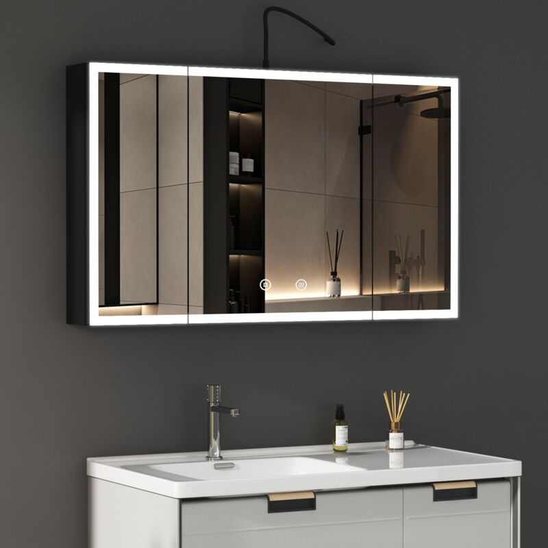 3 Türen Spiegelschrank mit Beleuchtung 90 x 60 cm, Bad-Hängeschränke Spiegelschrank Bad mit Beleuchtung, Touch-Schalter, 3 Einstellbare Lichtfarben,