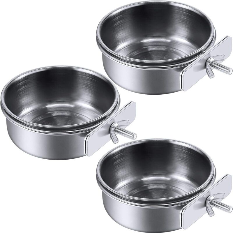 3 Vogelfutternapf, Edelstahl-Papageiennapf, Futter- und Wassernapf, Vogelkäfig-Napfhalter mit Klemme, Vogeltränke (S)