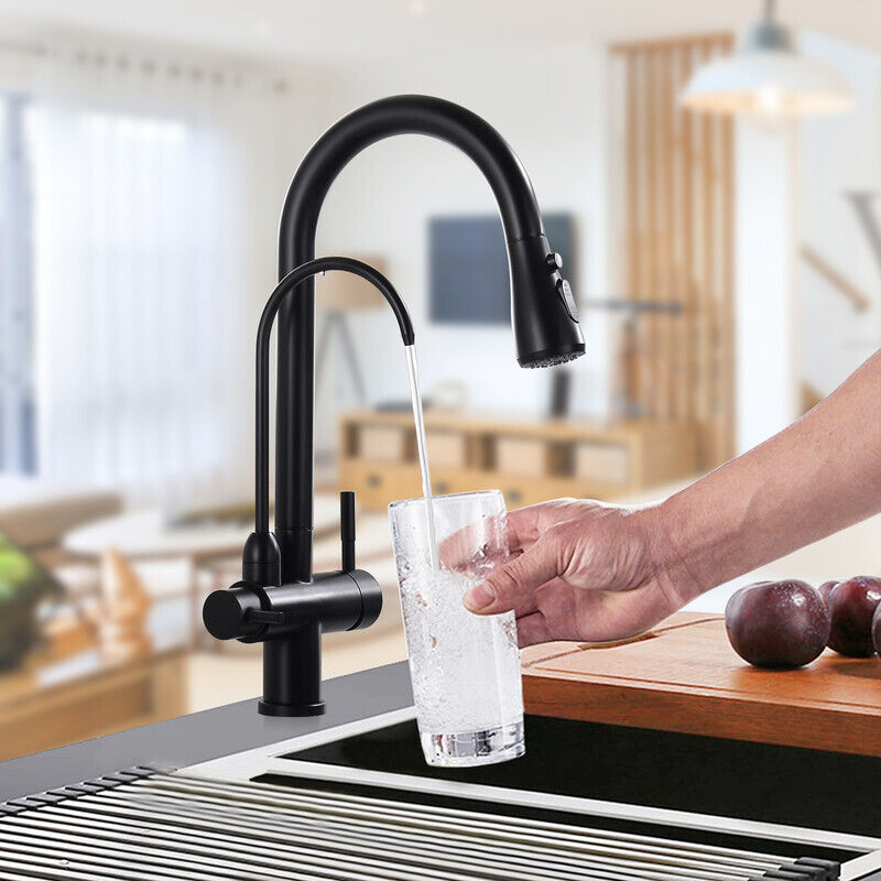 3 Wege Schwarz Küchenarmatur, 360° Schwenkbar Küchenarmatur 3 in 1 Hochdruckarmatur für Wasserfilter Küche Wasserfilter Wasserhahn Trinkwasserhahn