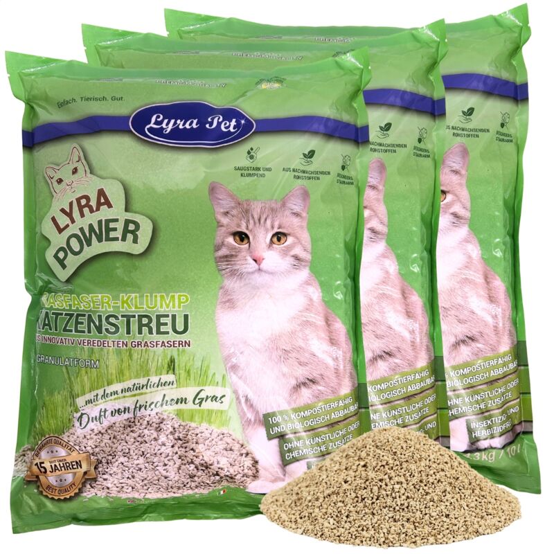 Lyra Pet - 3 x 10 Liter ® Lyra Power Grasfaser Katzenstreu klumpend