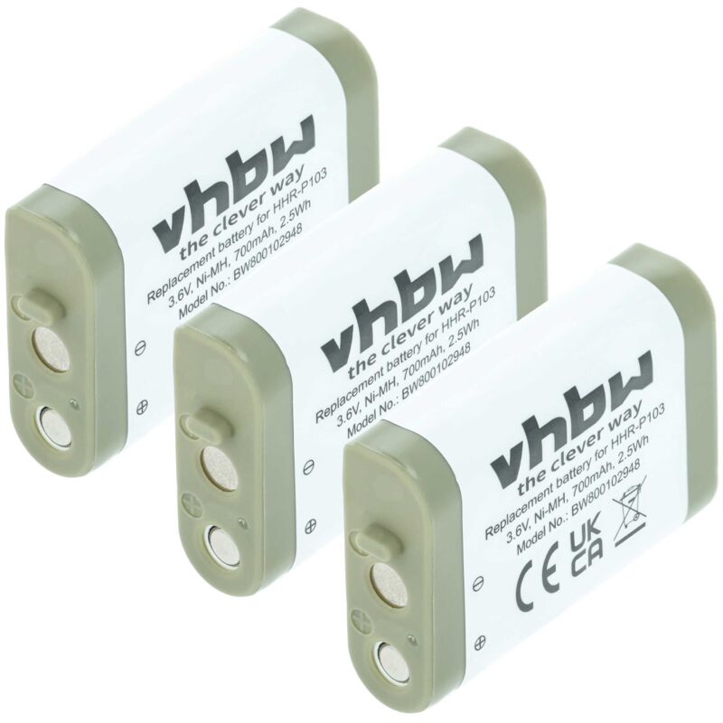 Vhbw - 3x Akku kompatibel mit Radio Shack 102, 103, 23-966, 249, 43-9004, 43-9015 schnurlos Festnetz Telefon (700mAh, 3,6V, NiMH)