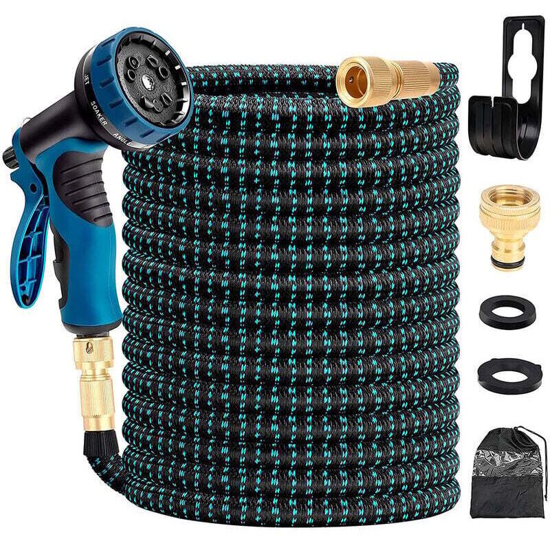 30 m ausziehbarer Gartenschlauch, blau, 100 Fuß einziehbarer Gartenschlauch mit Halter und Gießpistole mit 9 Funktionen, Messingbeschläge –