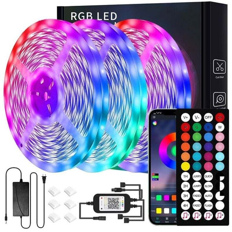 30 m LED-Streifen (15 m x 2), Bluetooth-LED-Streifen 5050 rgb, Steuerung über Smartphone-App und Fernbedienung, Synchronisierung mit