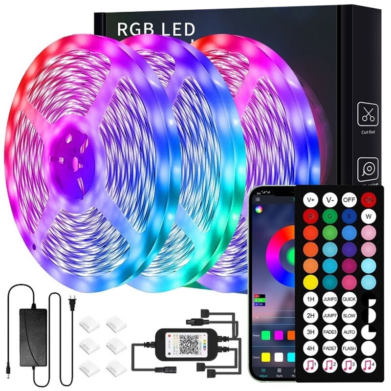 30 m LED-Streifen (15 m x 2), Bluetooth-LED-Streifen 5050 RGB, Steuerung über Smartphone-App und Fernbedienung, Synchronisierung mit