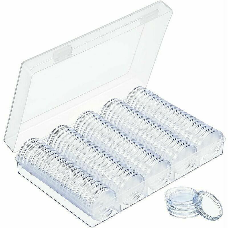 Mumu - 30 mm Münzkapseln, runde Kunststoff-Münzkapseln, Münzkapseln mit Aufbewahrungsbox zum Sammeln von Münzen, 100 Stück