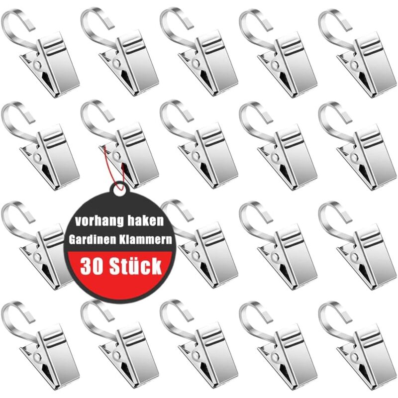 Bluedeer - 30 Stück Gardinen Klammern Edelstahl Vorhang Clips Silber Metall klemmhaken für Vorhänge Duschvorhang Fotos Lichterketten