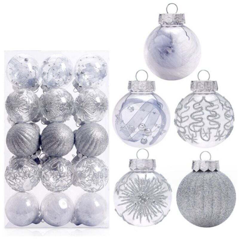 30 Stück silberne Weihnachtskugeln Gold für Christbaumschmuck 6cm, transparente Weihnachtskugeln funkelnder Christbaumschmuck mit Aufhängedraht,