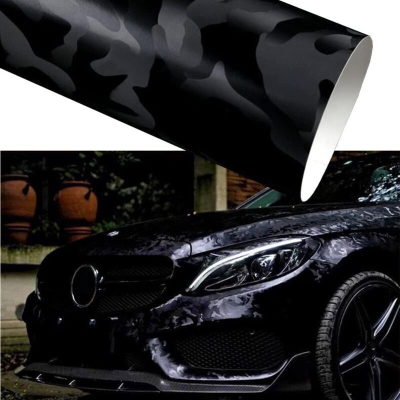 (30 x 152 cm) Tarnfolie für Autos, glänzend schwarze Autofolie, selbstklebende Vinyl-Karosseriefolie, wasserfeste Folie für Autos, Motorräder und