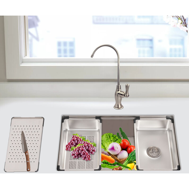 30189in Edelstahl Silber 2 Becken Einbauspüle Waschbecken Spülbecken Küche Einbauspüle Set Küchenspüle Doppelbecken Spülbecken mit Abtropffläche