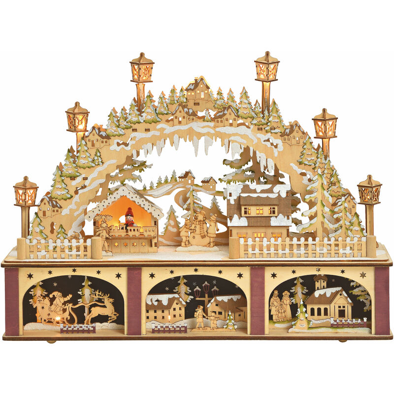 Xl led Holz Winterdorf Szene mit 2 Etagen - 45 x 33 cm - Schwibbogen Motiv 'Weihnachtsmarkt' - Tisch Deko Batterie betrieben