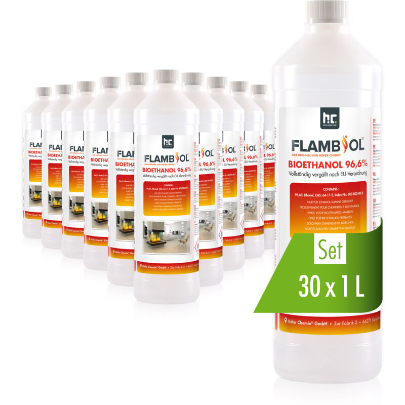 Höfer Chemie Gmbh - 30x 1 l flambiol® Bioethanol 96,6% Premium für Ethanol-Tischkamin in Flaschen