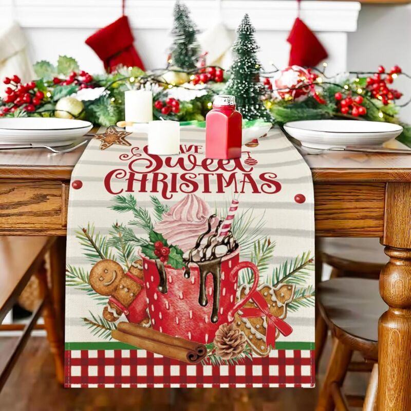 33 x 183 cm, Tischläufer für Weihnachten, Tischdecke für das Weihnachtsessen, Tischläufer mit Lebkuchen- und Eiscrememotiv, für weihnachtliche