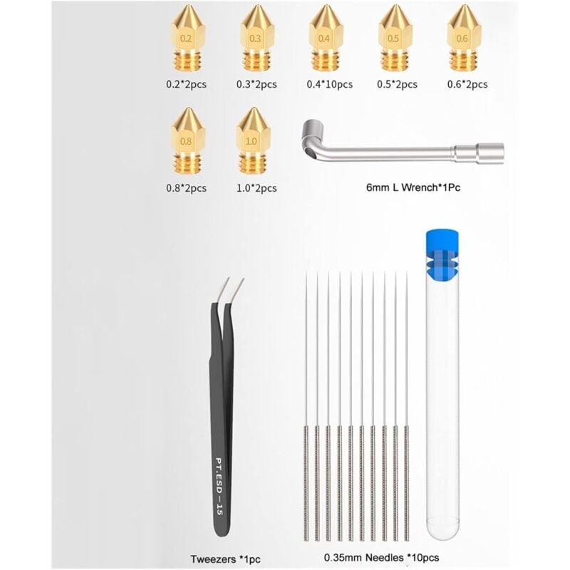 34 STK. 0,2–1,0 MM MK8-Düsen in gemischten Größen, 3D-Drucker-Messingdüsen-Extruder, kompatibel mit Ender 3 CR-10 A8 A8+, mit 10 STK. Reinigungsnadeln