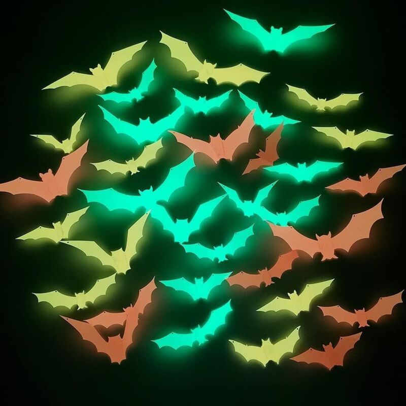 36 Stück 3D-Halloween-Fledermaus-Aufkleber, leuchtende Halloween-Fledermaus-Wandaufkleber, leuchtende Halloween-Aufkleber, verwendet für die