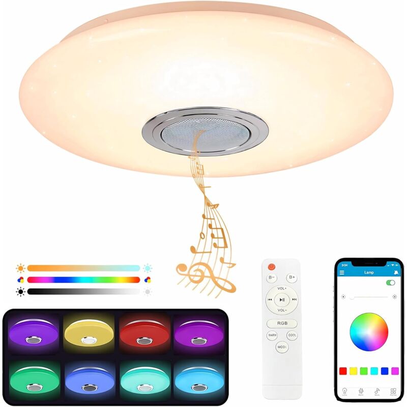 36 w LED-Deckenleuchte mit Bluetooth-Lautsprecher, farbwechselnder Deckenleuchte, Fernbedienung und mobiler App, 3600 lm, 3000–6500 k, IP44, für