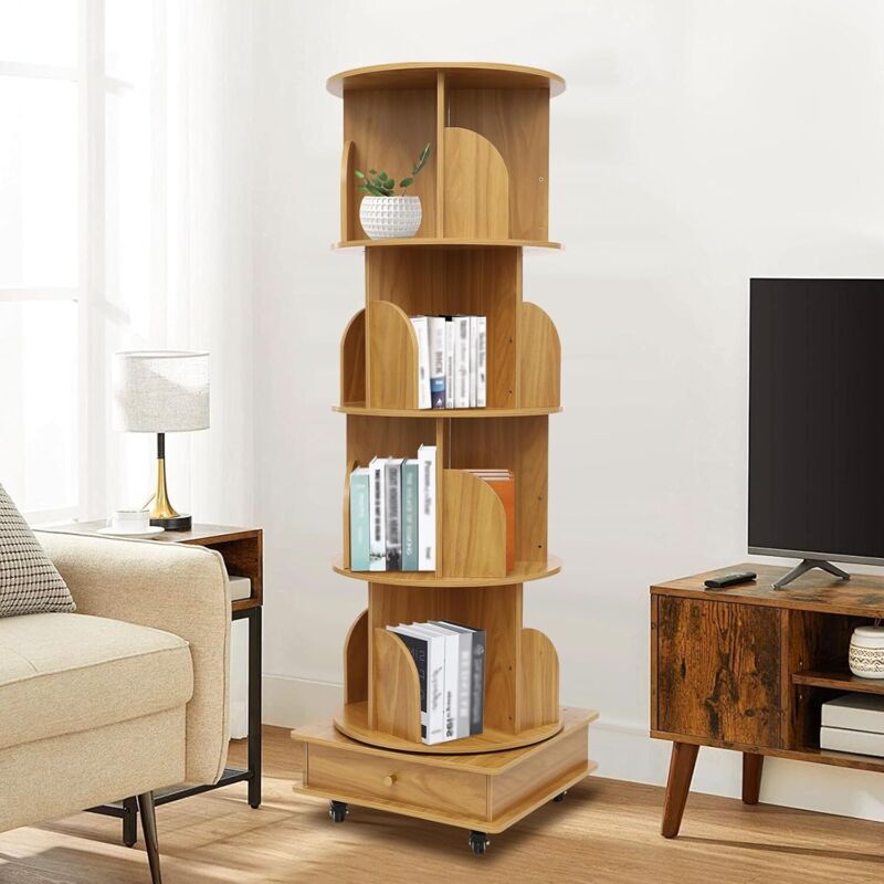 360° Drehbares Bücherregal, kleines Eck-Bücherregal für kleinen Raum, 4 Etagen Freistehendes Bücherregal, Schmales Bücherregal multifunktionaler