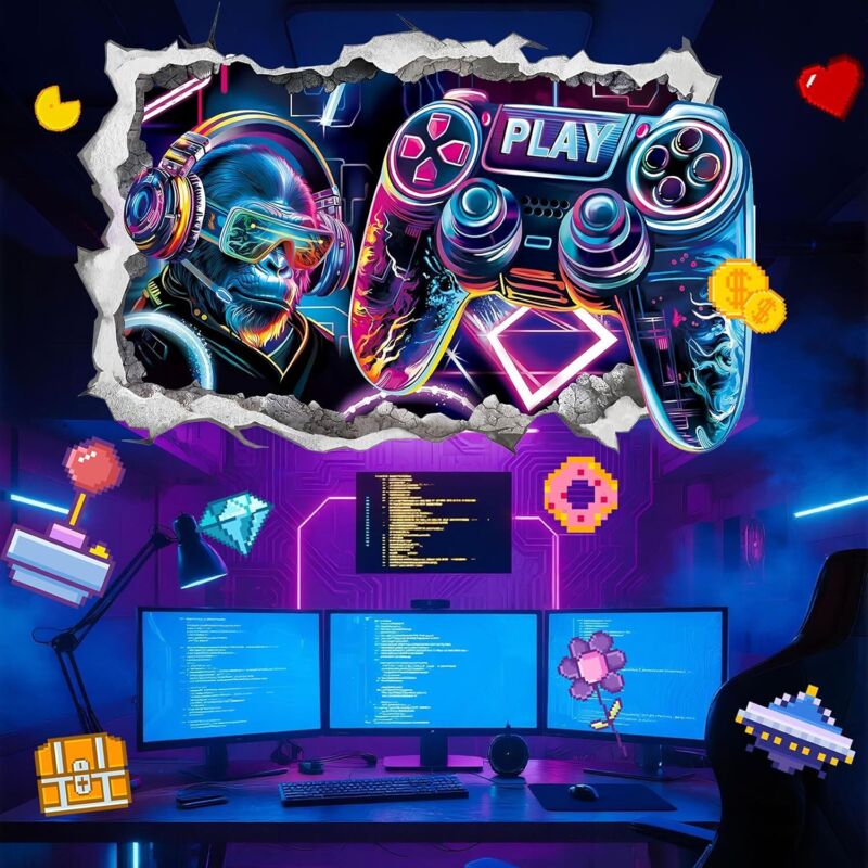 3D-Gamer-Wandtattoos, Controller-Wanddeko, blaues Gamer-Wandposter, DIY-Gamer-Aufkleber, Wandbild für Jungenzimmer im Studentenwohnheim