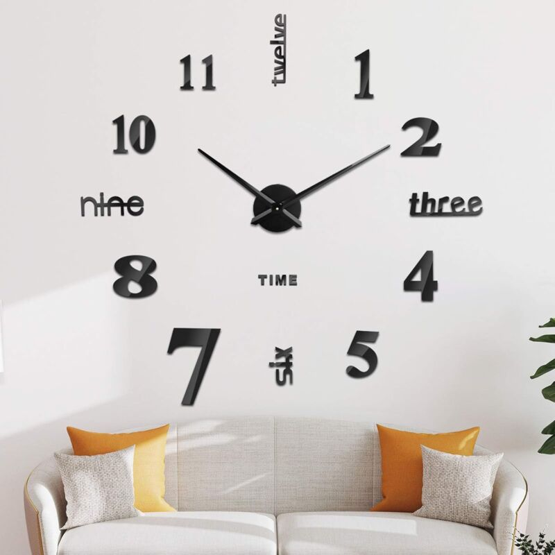 3D-Wanduhr, DIY-Digital-Wanduhr, lautloses Uhrwerk, moderne Design-Wanduhr, riesige Wanduhr für Schlafzimmer, Küche, Wohnzimmer (60–120 cm), Schwarz
