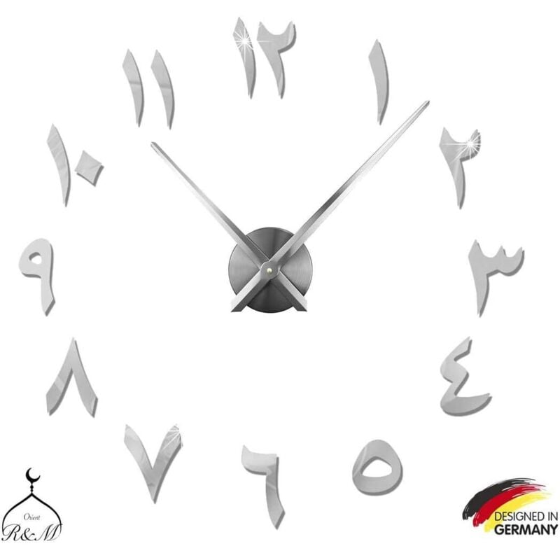 3D-Wanduhr mit arabischem Motiv, zum Selbermachen, stumme Wanduhr – Heimdekoration, Geschenk – Wohnzimmer, Home Office – 2 Jahre Garantie (Silber)