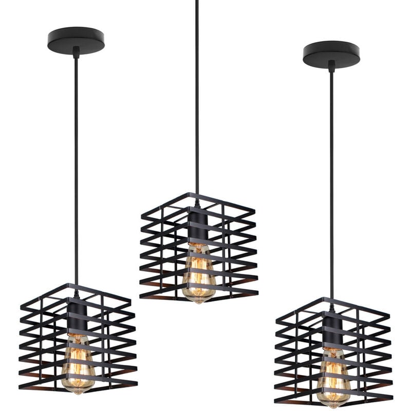 3er Pendelleuchte Quadrat Käfig, Vintage Industrielle Design Eisen Hängelampe, Retro Kronleuchter mit Lampenschirm für Wohnzimmer Esszimmer (Schwarz)