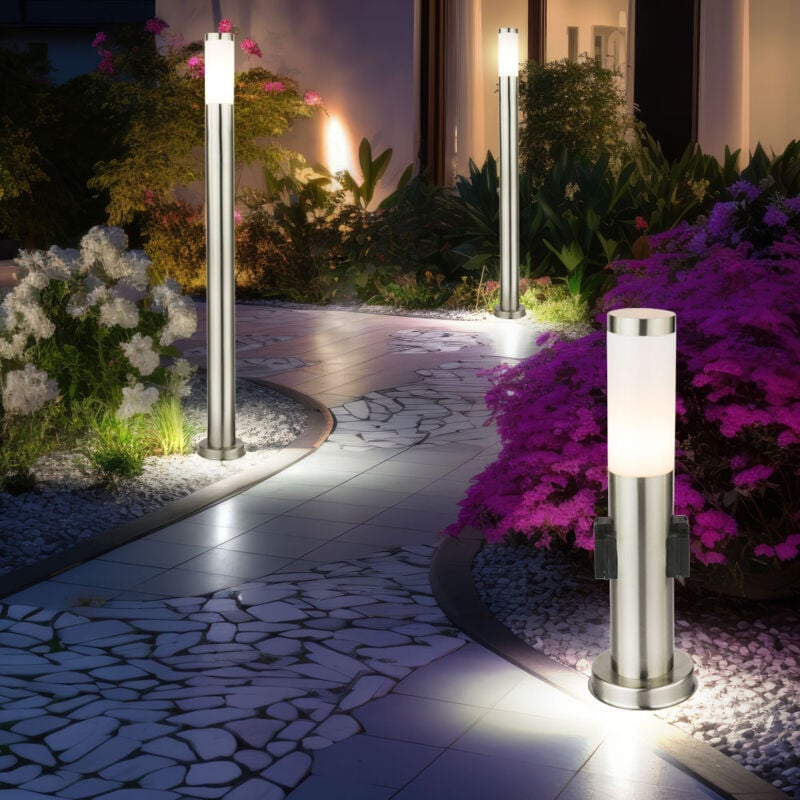 Außenleuchte Stehlampe mit Steckdosen Außensteckdosen Sockelleuchte Stehlampe Edelstahl, 2x Stehleuchte 1x Steckdosenlampe, E27 Fassung, 3er Set