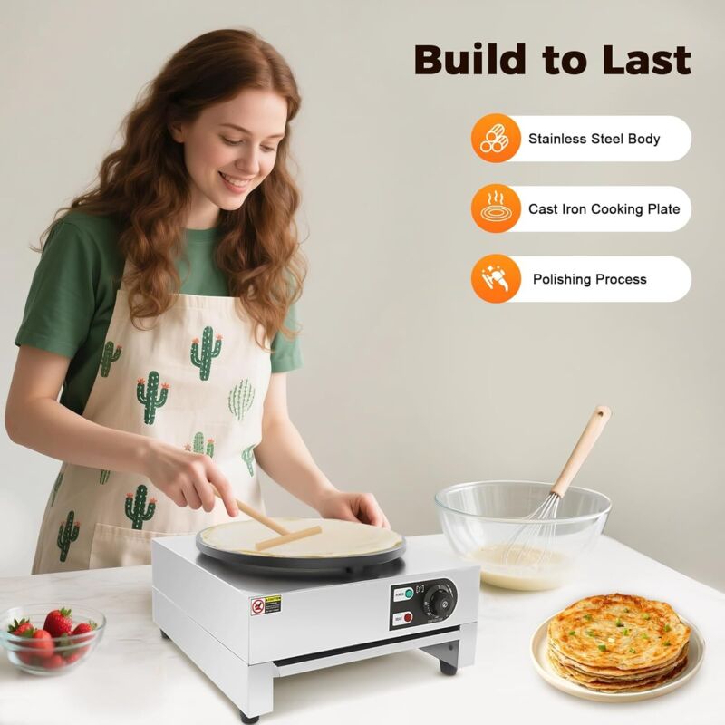 3KW Elektrischer Crepe Maker 40cm Crêpes-Pfanne 300℃ Antihaftbeschichtete Crepe Maschine für Gastronomie Rostfreier Stahl Pfannkuchenmachermaschine
