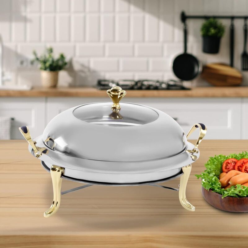 3L Rund Chafing Dish Set, 28cm Buffetwärmer Edelstahl, Speisewärmer mit Atmungsaktiver Deckel, Warmhaltebehälter für Catering, Buffet und Party (Gold)