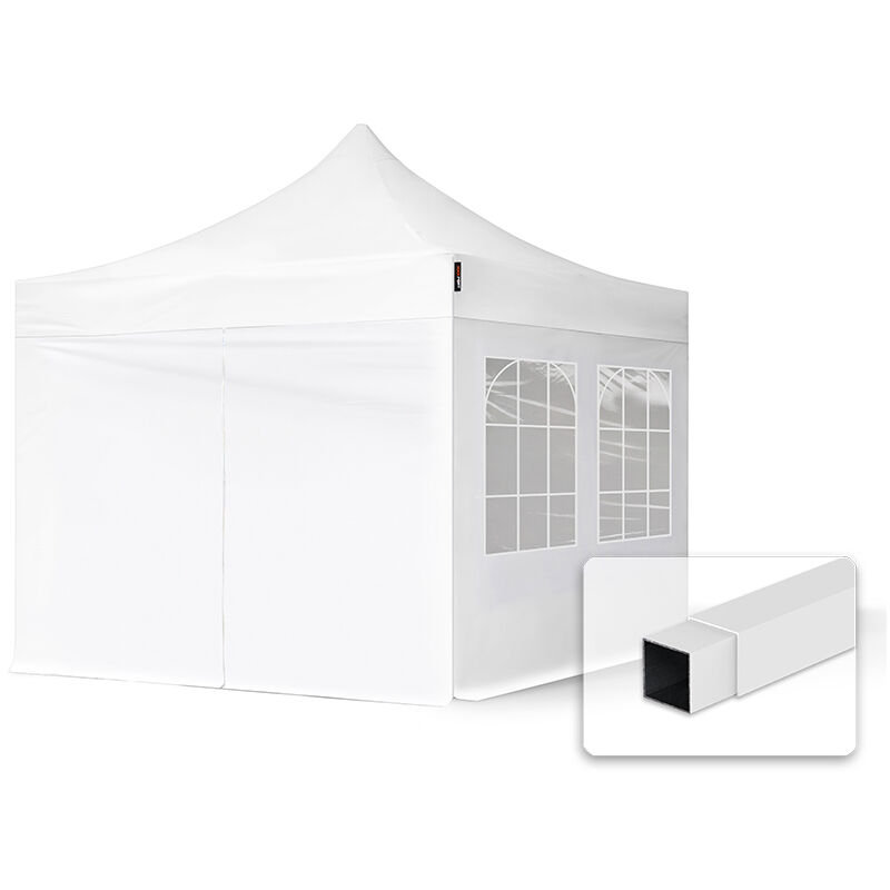 3x3 m Faltpavillon, economy Stahl 30mm, Seitenteile mit Sprossenfenstern, weiß