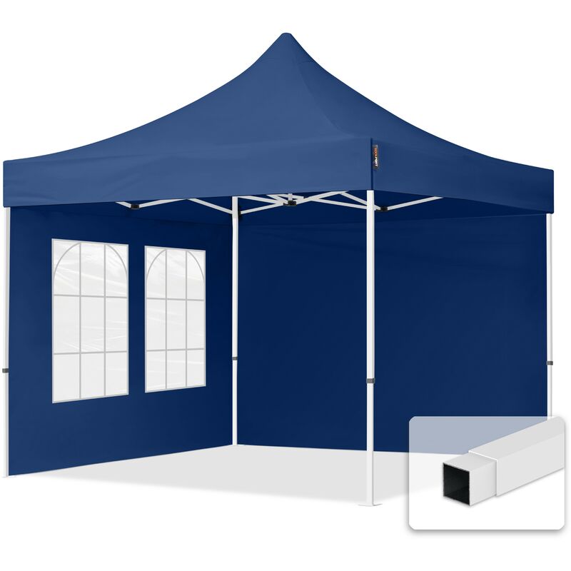 3x3 m Faltpavillon, economy Stahl 30mm, Seitenteile mit Sprossenfenstern, blau