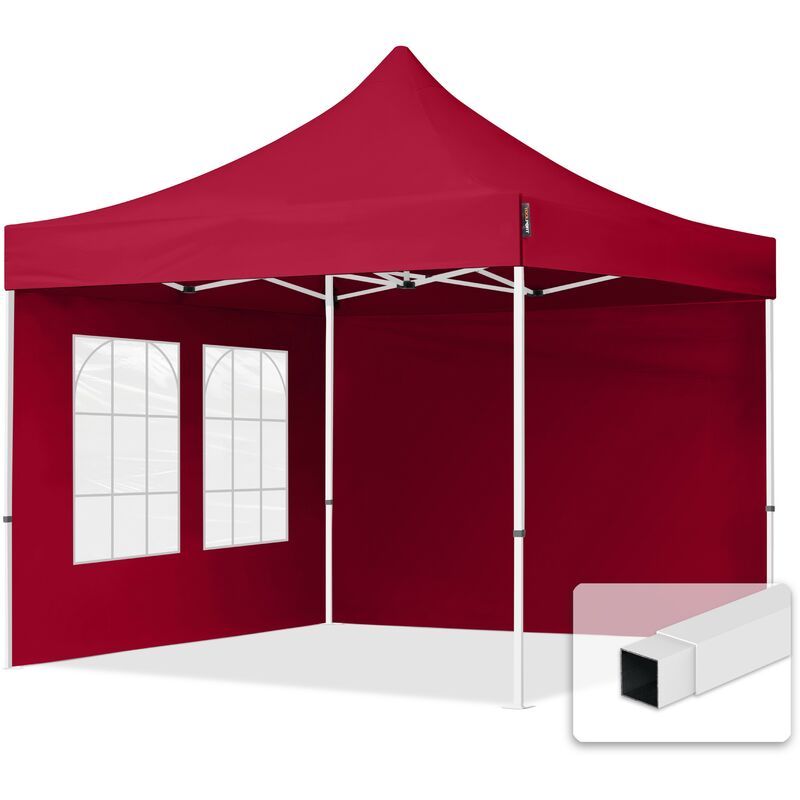 3x3 m Faltpavillon, economy Stahl 30mm, Seitenteile mit Sprossenfenstern, rot
