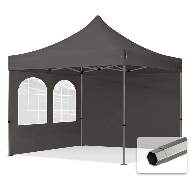 3x3 m Faltpavillon, premium Stahl 40mm, Seitenteile mit Sprossenfenstern, dunkelgrau