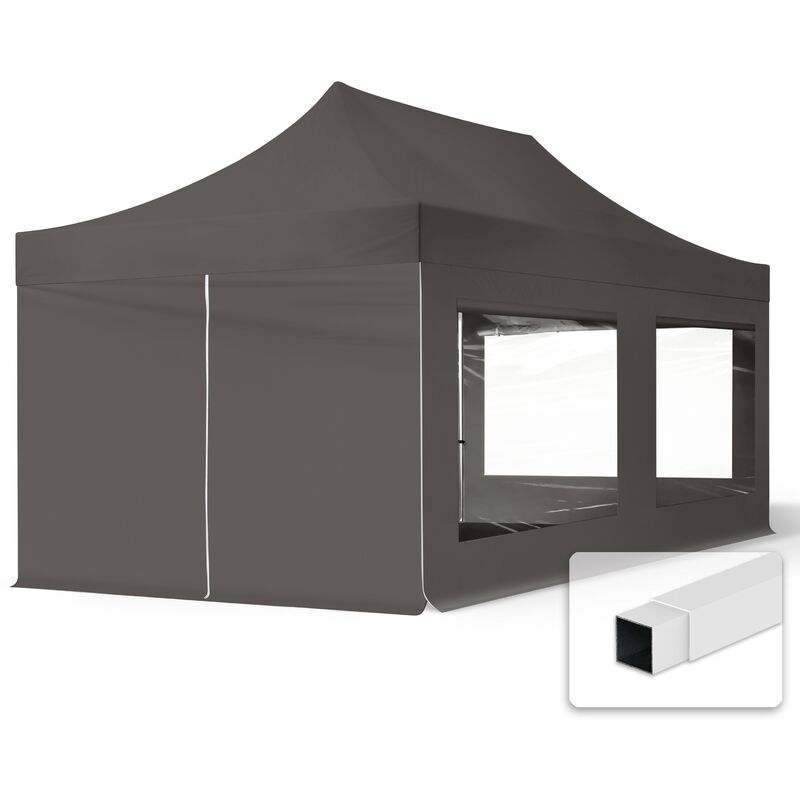 3x6 m Faltpavillon, ECONOMY Stahl 30mm, Seitenteil mit Panoramafenster, dunkelgrau