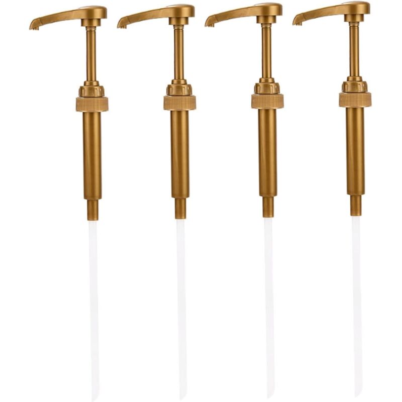 4 goldfarbene Siruppumpen aus Kunststoff, passend für 750-ml-Flaschen, ideal für Kaffeesirup oder Aromen.