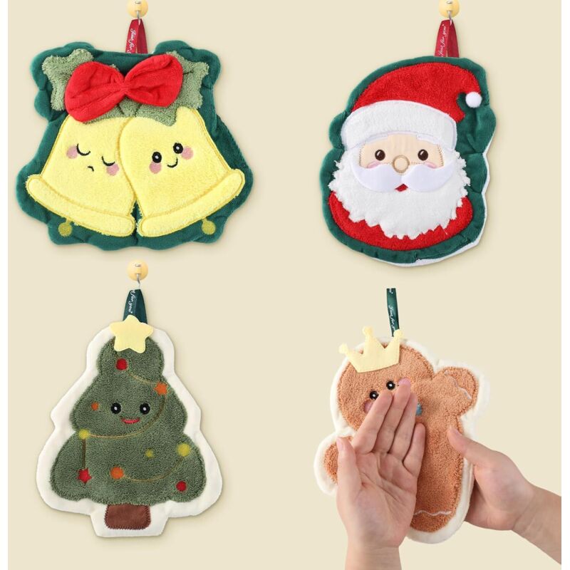 4 kreative Weihnachtshandtücher, weiches Geschirrtuch mit Weihnachtsmann-Motiv und Aufhängering, weihnachtliches Lebkuchen-Hängehandtuch,