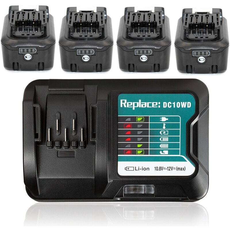 Powerwings - 4 Stück BL1041B Ersatzakku mit Ladegerät DC10WD für Makita 12 v 10,8 v 4000mAh BL1041B BL1021B BL1016 BL1015 für Makita 197339-1
