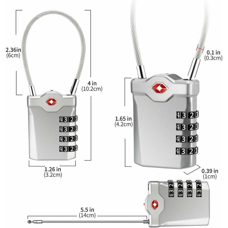 4-stelliges Zahlenschloss für Gepäck, Reisekoffer und Spinde in der Uni mit Alarmfunktion bei geöffnetem Gepäck und Stahlkabel (Silber) – 1 Stück