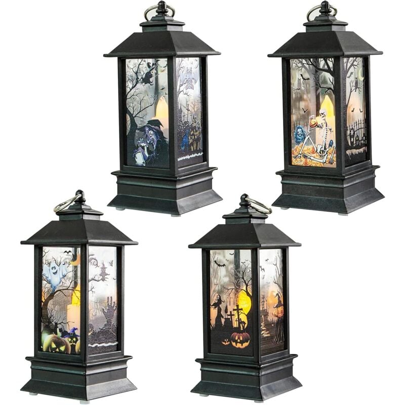 4 Stück Halloween-Laterne, LED-Nachtlicht, Halloween-Laterne, dekorative Kerzenlaterne, Halloween-Hängewindlampe, LED, flackernde flammenlose Kerzen