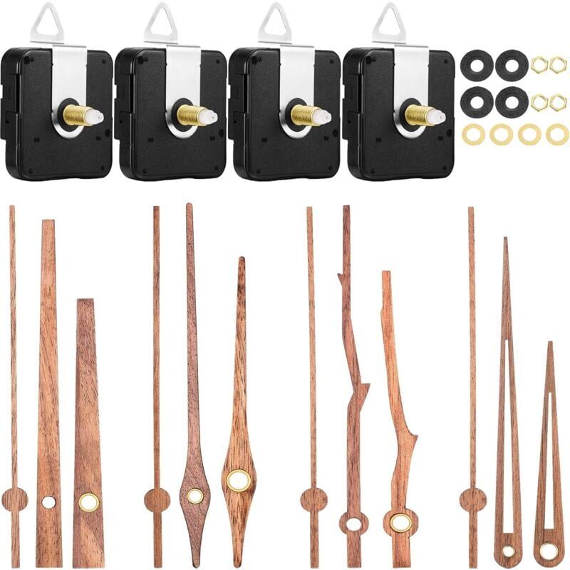 SNQ - 4 Stück Quarzuhrwerke mit 4 Arten Walnussholz-Uhrzeigern, Uhrenzubehör für die Reparatur von Uhren, Austausch (passend für 12-Zoll-Uhren)