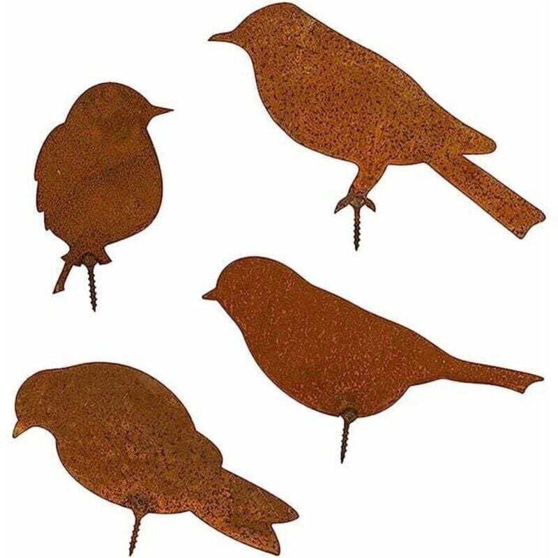 Odipie - 4 Stück rostige Vogelsilhouetten aus Metall, Patina-Vögel mit Schrauben, rostige Vogeldekoration, für Gartenzaun, Baum- und Zweigdekoration