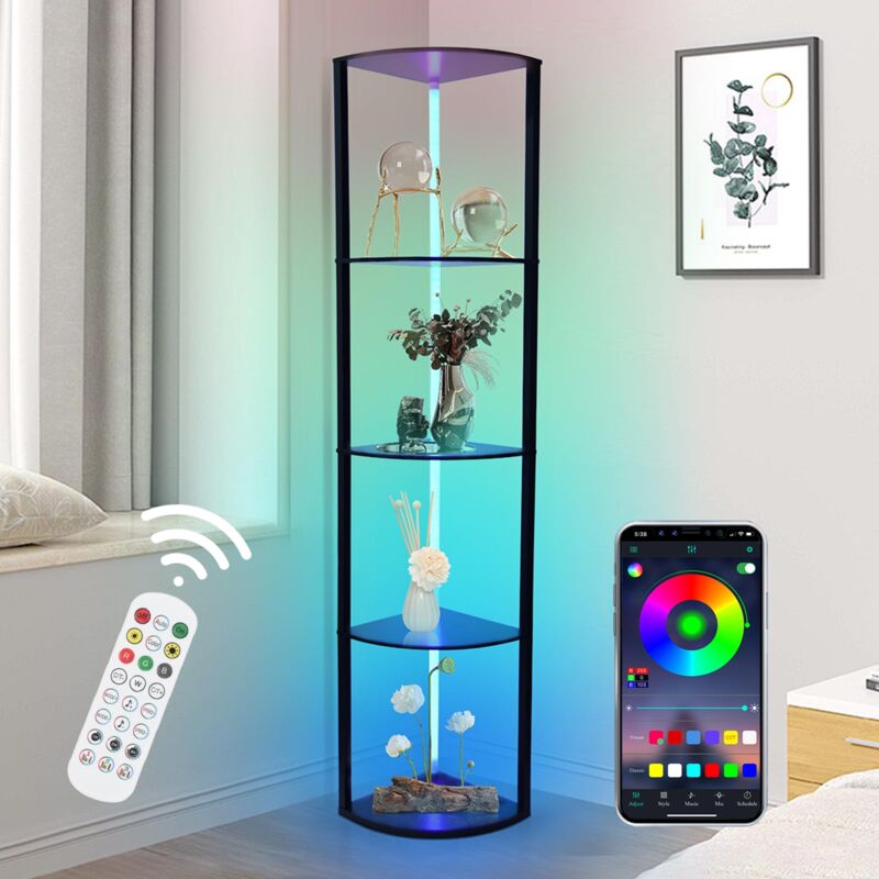 4 Stufige rgb Eckregal Stehend, led Stehlampe Wohnzimmer 160cm, Stehlampe mit Regal aus Holz Über App & Fernbedienung, 6 Farbtemperaturen 2700-6500K,