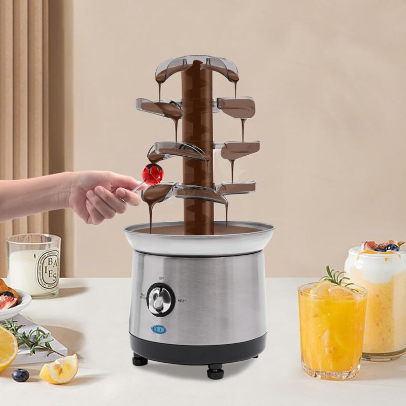 4-Stufige Schokobrunnen, 190 W Schokobrunnen mit Schmelzfunktion, Schokofondue aus Edelstahl, Fließfunktion und Warmhaltefunktion, 1.2 L, für