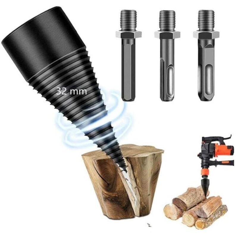 4-teiliger Brennholzbohrer für Holzspalter, abnehmbarer Holzspalter für Anzündholzspalter, Sechskant- + Vierkant- + Rundkegelschraubendreher (32 mm)