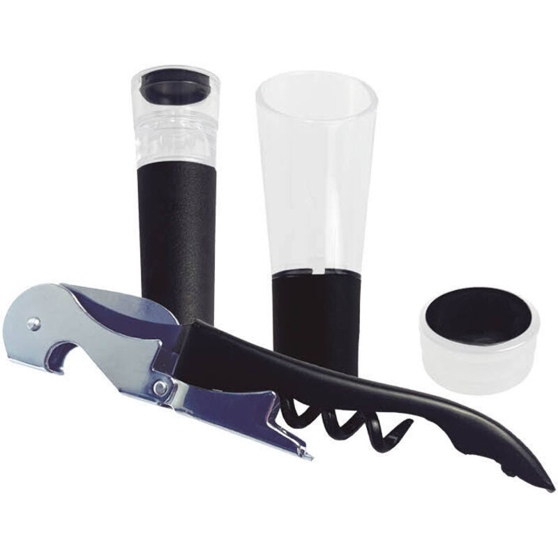 4-teiliges Set: Korkenzieher, Vakuumpumpe, Weinheber und Tropfring