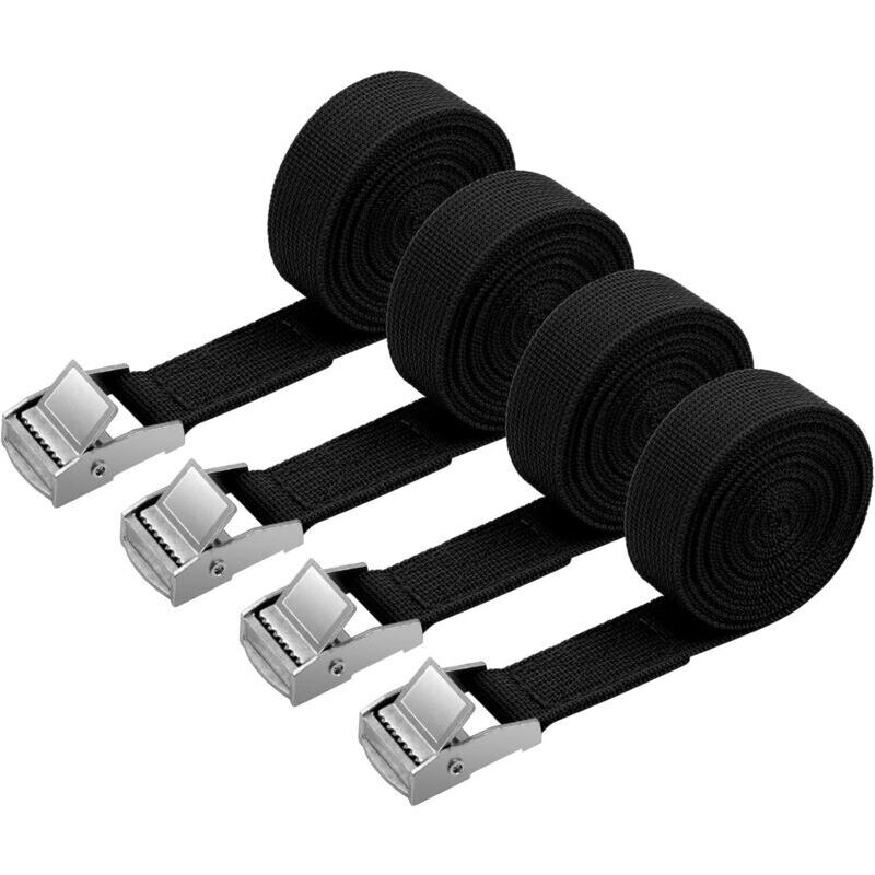 4-teiliges Spanngurt-Set, 2 m x 20 mm, inklusive Spanngurt und Schnalle, für Motorrad, Auto, Fahrradträger, Zugfestigkeit: 500 kg/Stück (Schwarz)