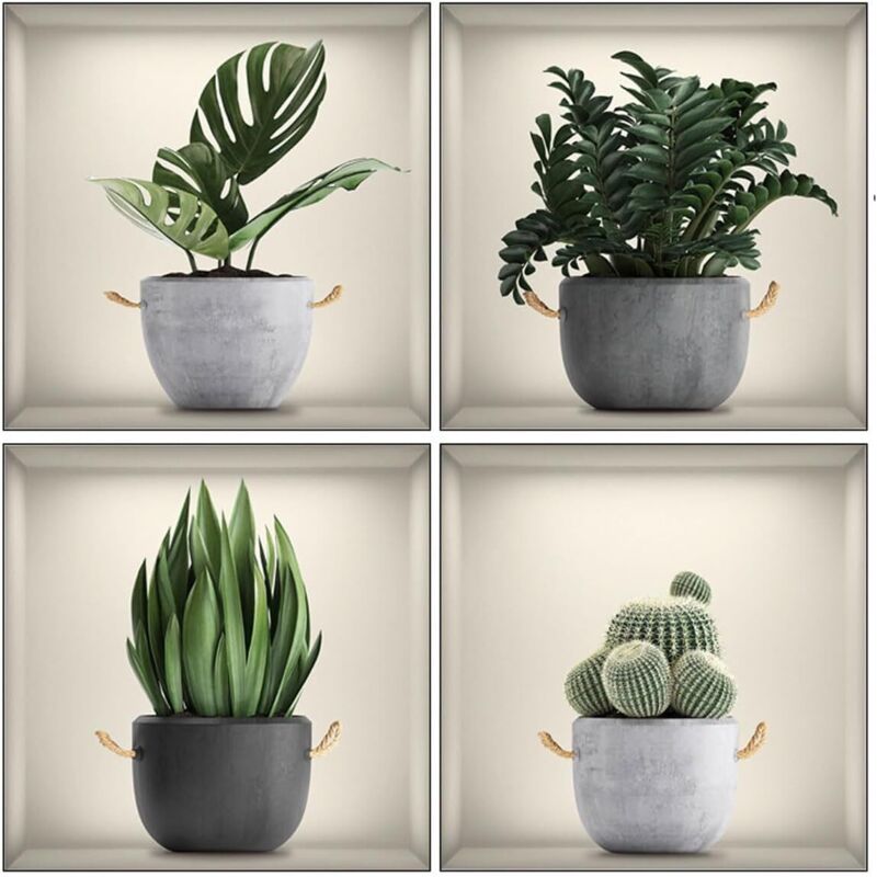 4-teiliges Wandtattoo-Set (30 x 30 cm) mit Topfpflanzen, Blumen und Vasen – 3D-Wanddekoration zum Selbstkleben mit Blättern – Moderne Wandkunst für
