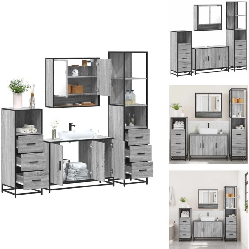 4-tlg. Badmöbel-Set Grau Sonoma Holzwerkstoff - Badmöbel Set - Badmöbel Sets - Badmöbelset - Badmöbel