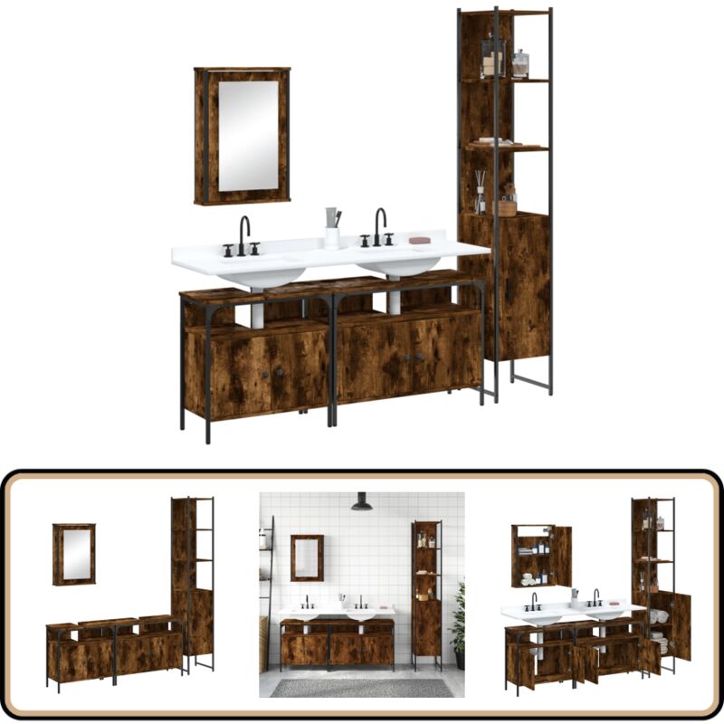 Vidaxl - 4-tlg. Badmöbel-Set Räuchereiche Holzwerkstoff - Badezimmermöbel - Badmöbel-Set - Holzwerkstoff - Rauchfarbe - Spiegelschrank