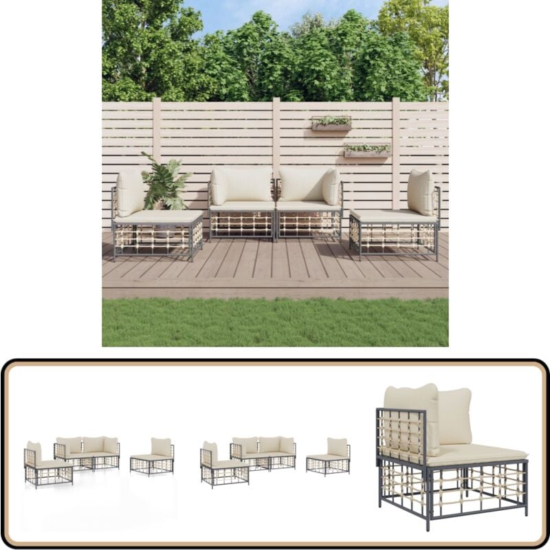 4-tlg. Garten-Lounge-Set mit Kissen Anthrazit Poly Rattan - Gartenloungeset - Rattan Möbel - Outdoor Möbel - Gartenmöbel - Loungesessel